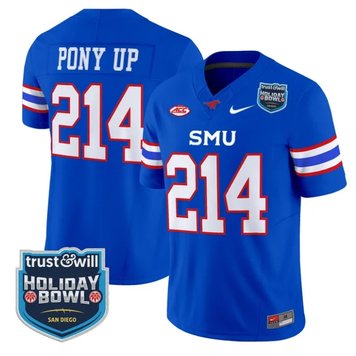 Pony Up Jersey #214 SMU Mustangs 2026 Holiday Bowl Patch Stitched Blue by My Store NCAA Football Jerseys