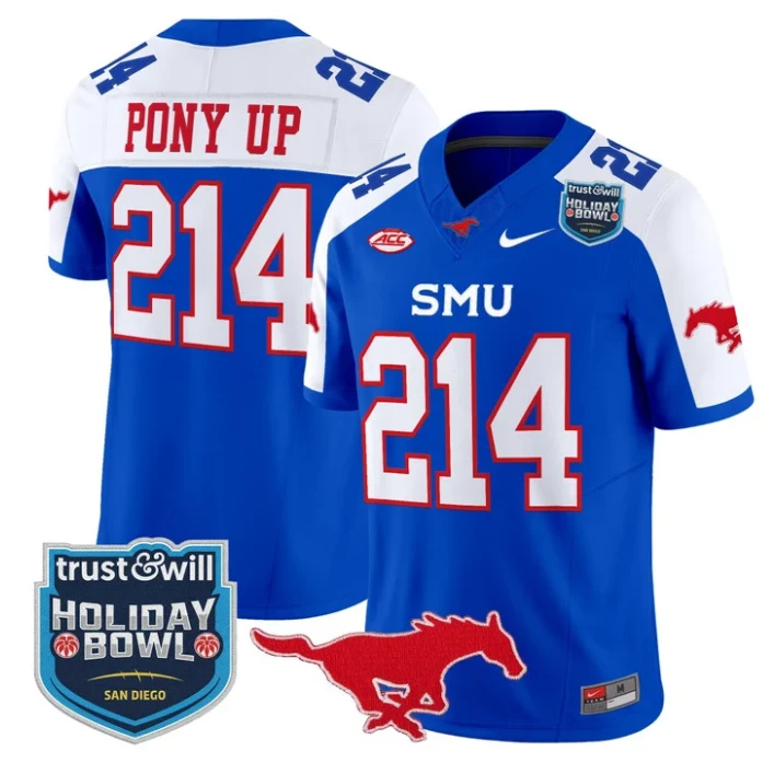 Pony Up Jersey #214 SMU Mustangs 2026 Holiday Bowl Patch Stitched Blue Alternate by My Store NCAA Football Jerseys