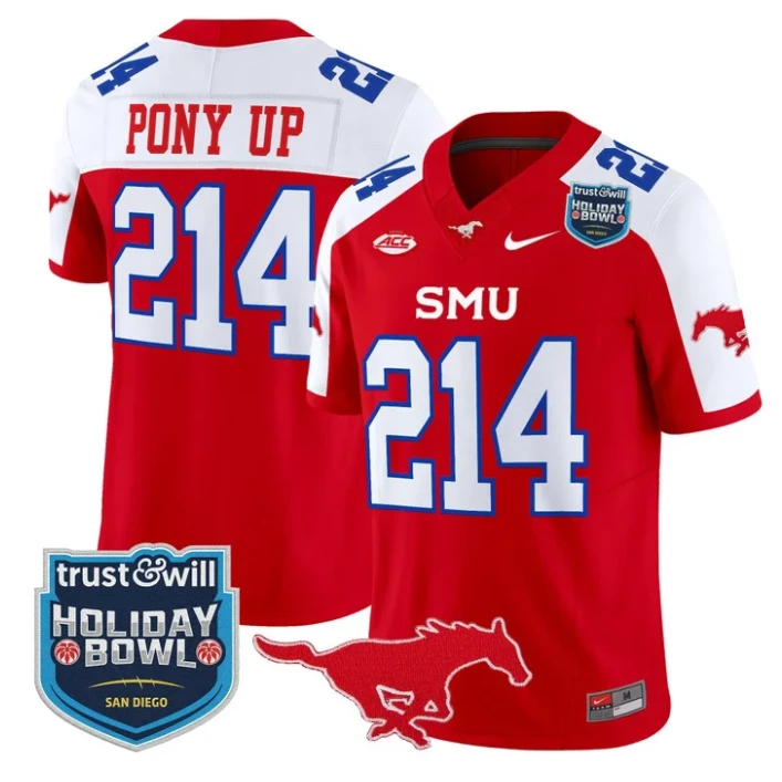 Pony Up Jersey #214 SMU Mustangs 2026 Holiday Bowl Patch Stitched Red Alternate by My Store NCAA Football Jerseys