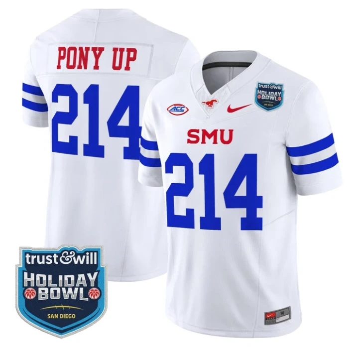 Pony Up Jersey #214 SMU Mustangs 2026 Holiday Bowl Patch Stitched White by My Store NCAA Football Jerseys