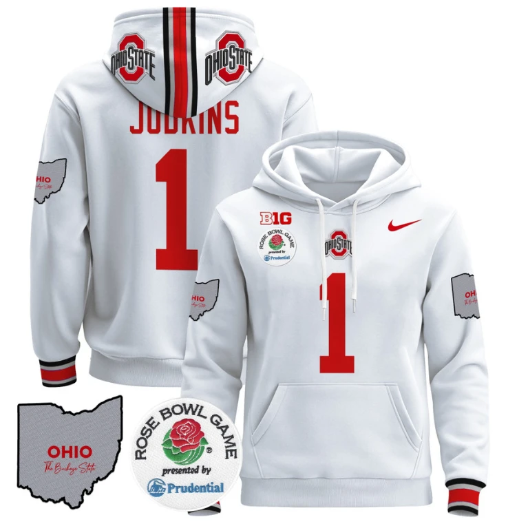 Quinshon Judkins Hoodie #1 Ohio State Buckeyes Rose Bowl Pullover by Hoodie Pullover