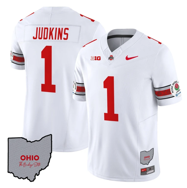 Quinshon Judkins Jersey #1 Ohio State Rose Bowl Patch Football V3 Stitched White by NCAA Football Jersey