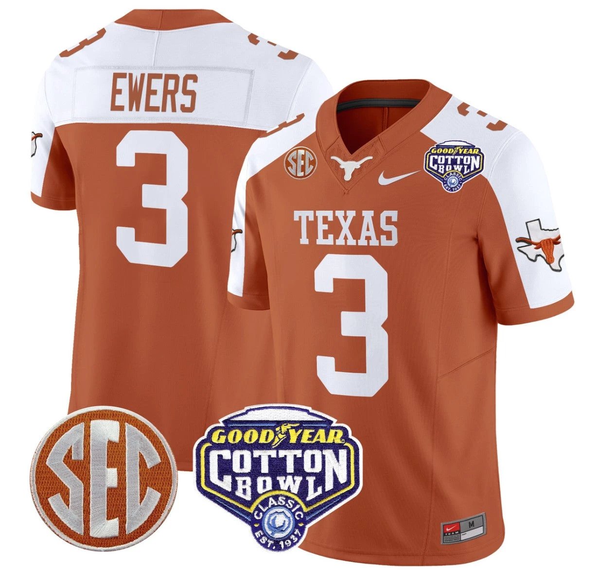 Quinn Ewers Jersey #3 Texas Longhorns Cotton Bowl Patch Stitched Orange Alternate by NCAA Football Jersey