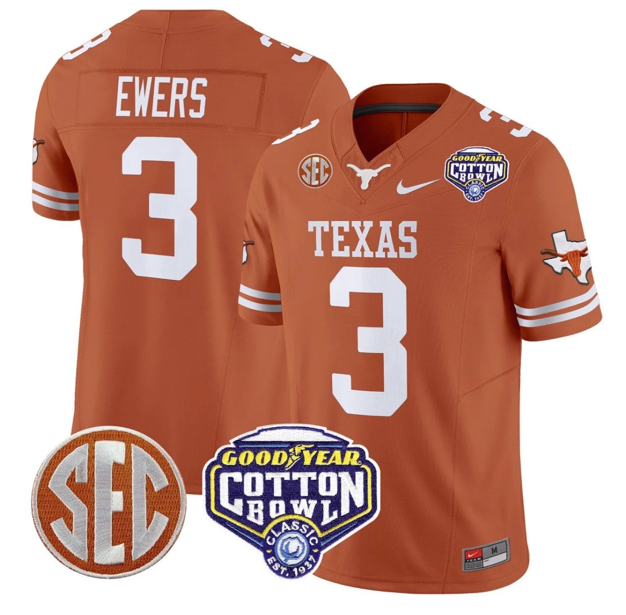 Quinn Ewers Jersey #3 Texas Longhorns Cotton Bowl Patch Stitched Texas Orange by NCAA Football Jersey