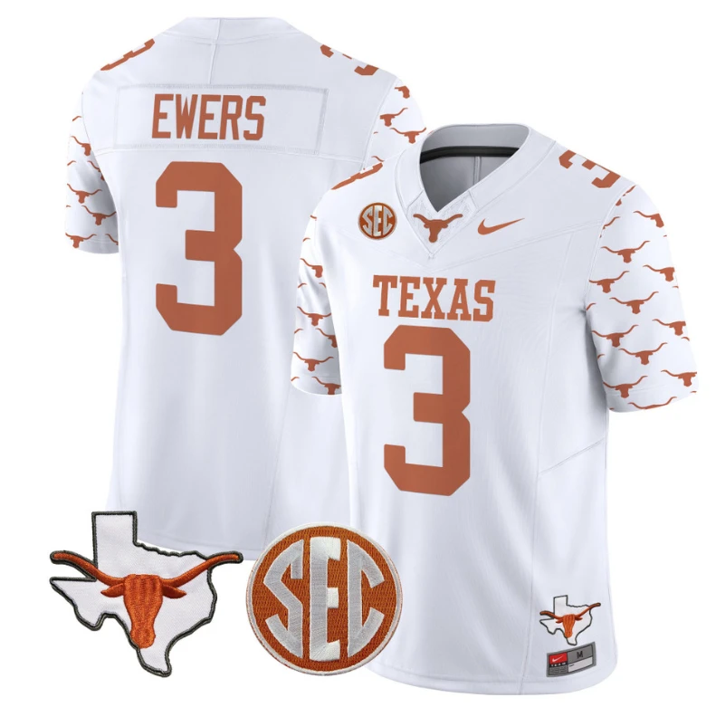 Quinn Ewers Jersey #3 Texas Longhorns State Map and Sec Patch Vapor Limited College Football Stitched White by My Store