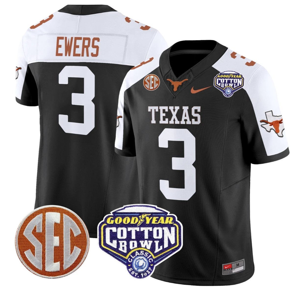 Quinn Ewers Jersey #3 Texas Longhorns Cotton Bowl Patch Stitched Black Alternate by NCAA Football Jersey