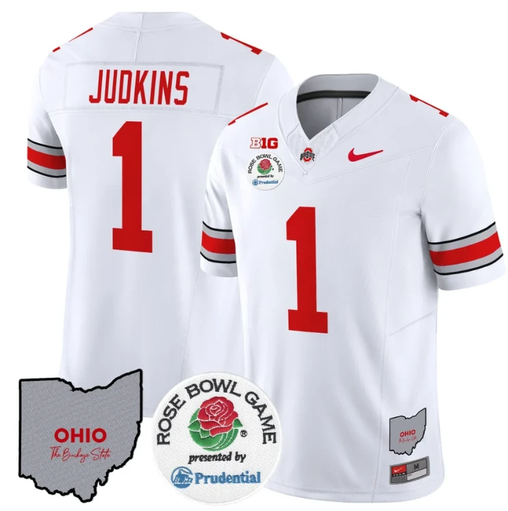 Quinshon Judkins Jersey #1 Ohio State Buckeyes Rose Bowl Vapor Limited V2 White by NCAA Football Jersey