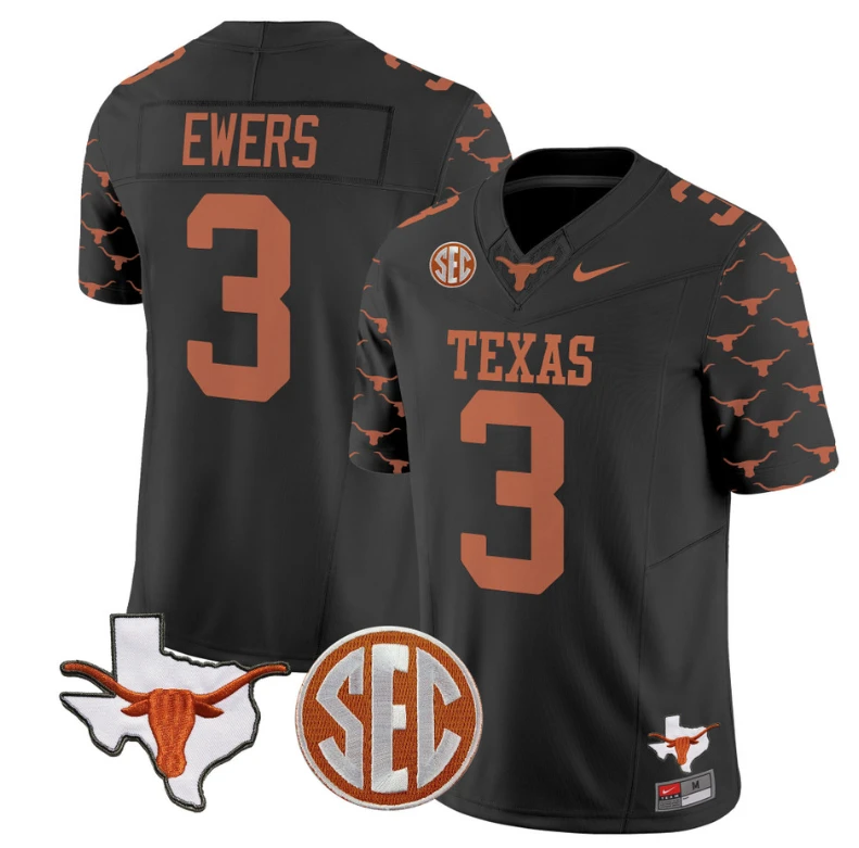 Quinn Ewers Jersey #3 Texas Longhorns State Map and Sec Patch Vapor Limited College Football Stitched Black by My Store