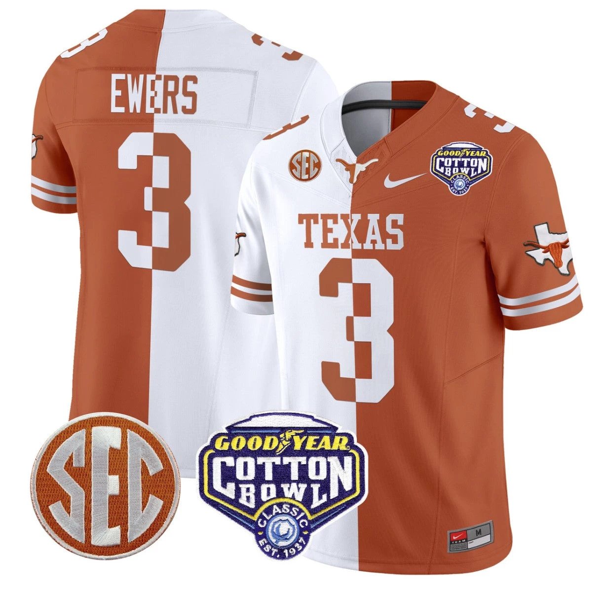 Quinn Ewers Jersey #3 Texas Longhorns Cotton Bowl Patch Stitched Split by NCAA Football Jersey