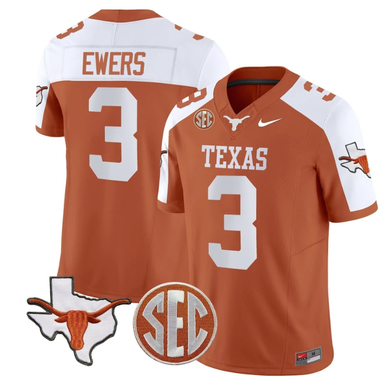 Quinn Ewers Jersey #3 Texas Longhorns State Map and Sec Patch Vapor Limited College Football Stitched Orange Alternate by My Store