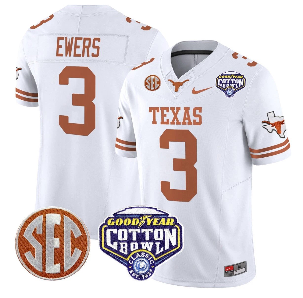 Quinn Ewers Jersey #3 Texas Longhorns Cotton Bowl Patch Stitched White by My Store