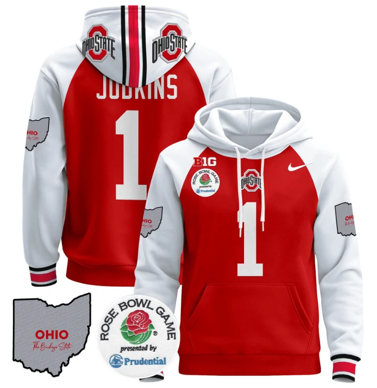 Quinshon Judkins Hoodie #1 Ohio State Buckeyes Rose Bowl Pullover by Hoodie Pullover