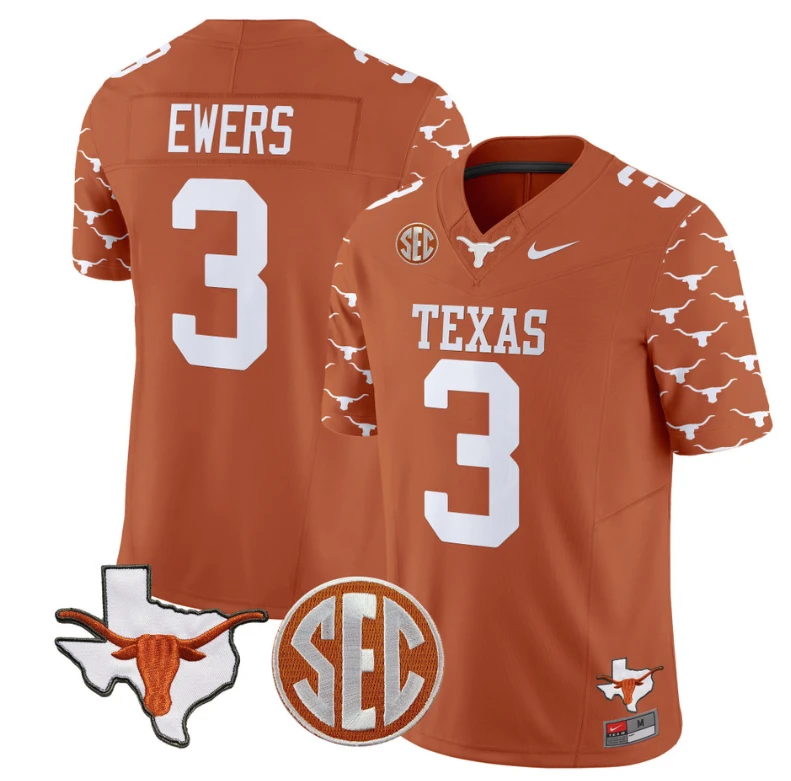 Quinn Ewers Jersey #3 Texas Longhorns State Map and Sec Patch Vapor Limited College Football Stitched Texas Orange by My Store