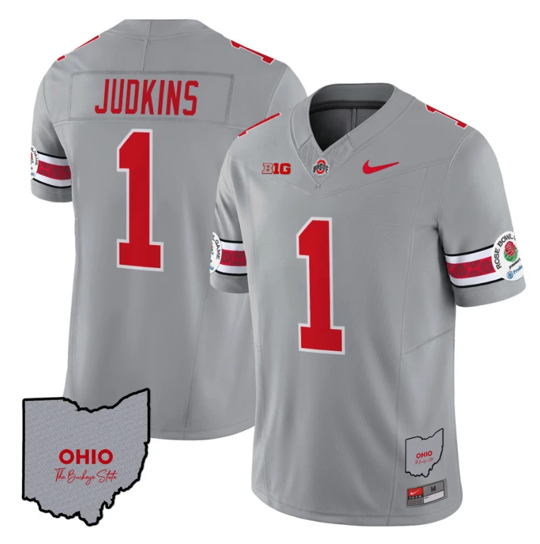 Quinshon Judkins Jersey #1 Ohio State Rose Bowl Patch Football V3 Stitched Gray by My Store