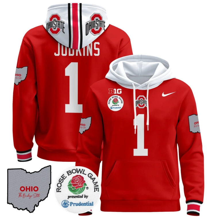 Quinshon Judkins Hoodie #1 Ohio State Buckeyes Rose Bowl Pullover by Hoodie Pullover