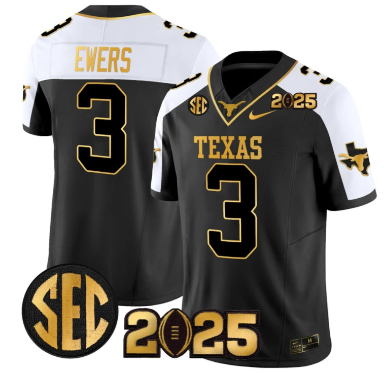 Quinn Ewers Jersey #3 Texas Longhorns 2025 CFP Final Gold Patch Alternate by NCAA Football Jersey