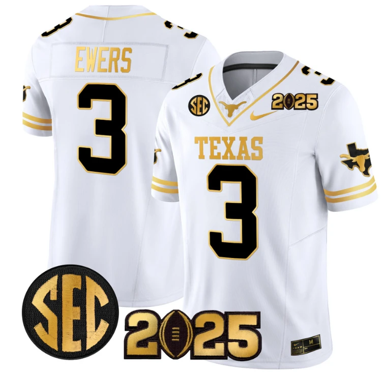 Quinn Ewers Jersey #3 Texas Longhorns 2025 CFP Final Gold Patch White Gold by NCAA Football Jersey