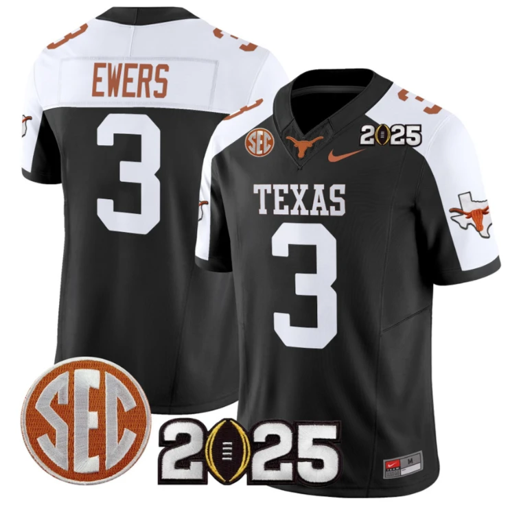 Quinn Ewers Jersey #3 Texas Longhorns 2025 CFP Final Patch Black Alternate by NCAA Football Jersey