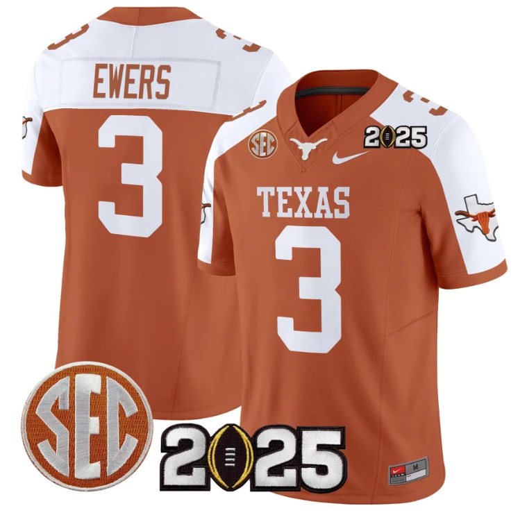 Quinn Ewers Jersey #3 Texas Longhorns 2025 CFP Final Patch Orange Alternate by NCAA Football Jersey