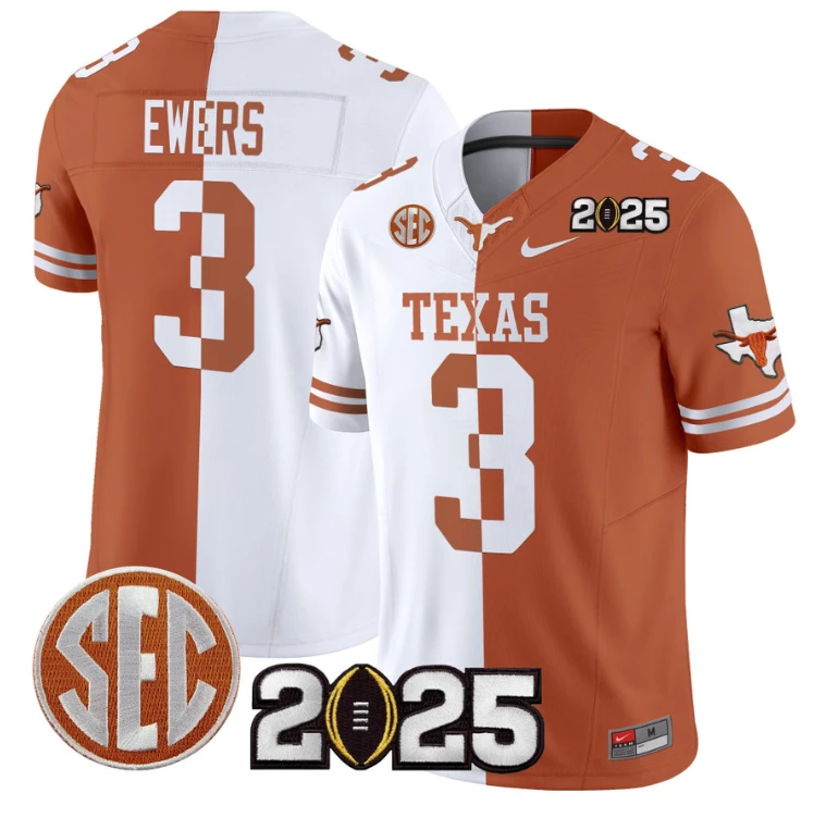 Quinn Ewers Jersey #3 Texas Longhorns 2025 CFP Final Patch Split by NCAA Football Jersey