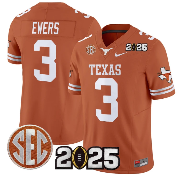 Quinn Ewers Jersey #3 Texas Longhorns 2025 CFP Final Patch Texas Orange by NCAA Football Jersey