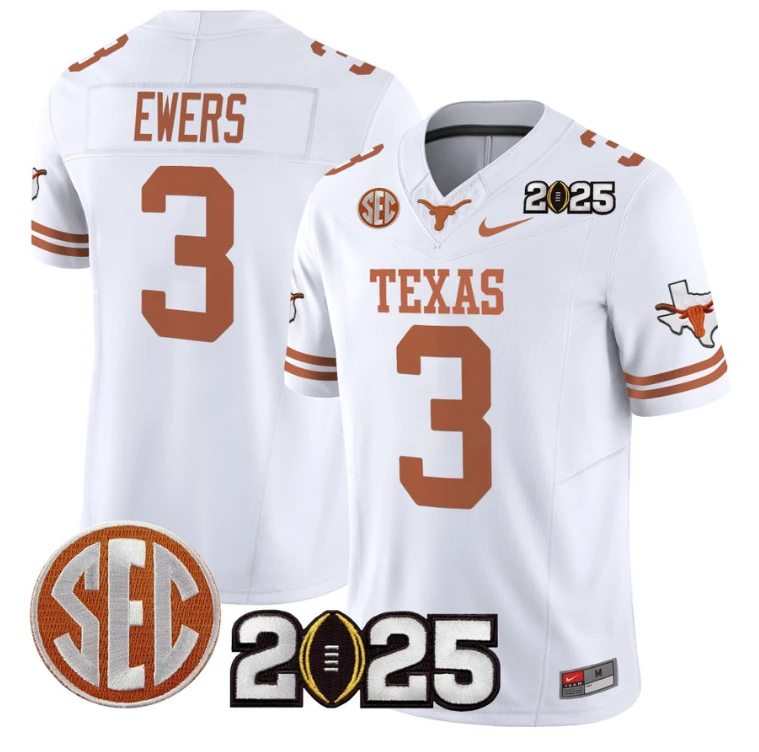 Quinn Ewers Jersey #3 Texas Longhorns 2025 CFP Final Patch White by NCAA Football Jersey