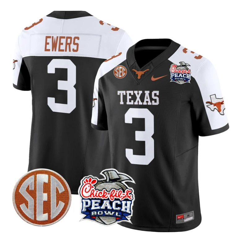 Quinn Ewers Jersey #3 Texas Longhorns Peach Bowl Patch Vapor Black Alternate by NCAA Football Jersey