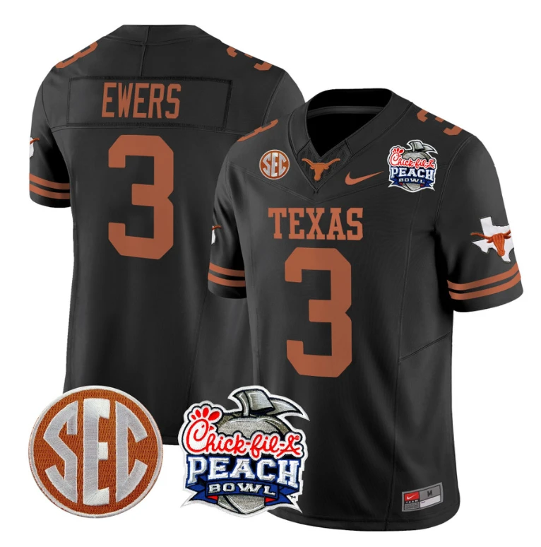 Quinn Ewers Jersey #3 Texas Longhorns Peach Bowl Patch Vapor Black by NCAA Football Jersey