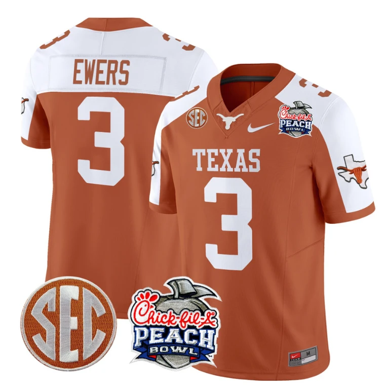 Quinn Ewers Jersey #3 Texas Longhorns Peach Bowl Patch Vapor Orange Alternate by NCAA Football Jersey
