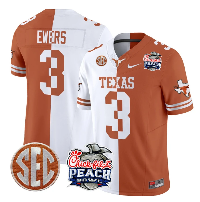 Quinn Ewers Jersey #3 Texas Longhorns Peach Bowl Patch Vapor Split by NCAA Football Jersey