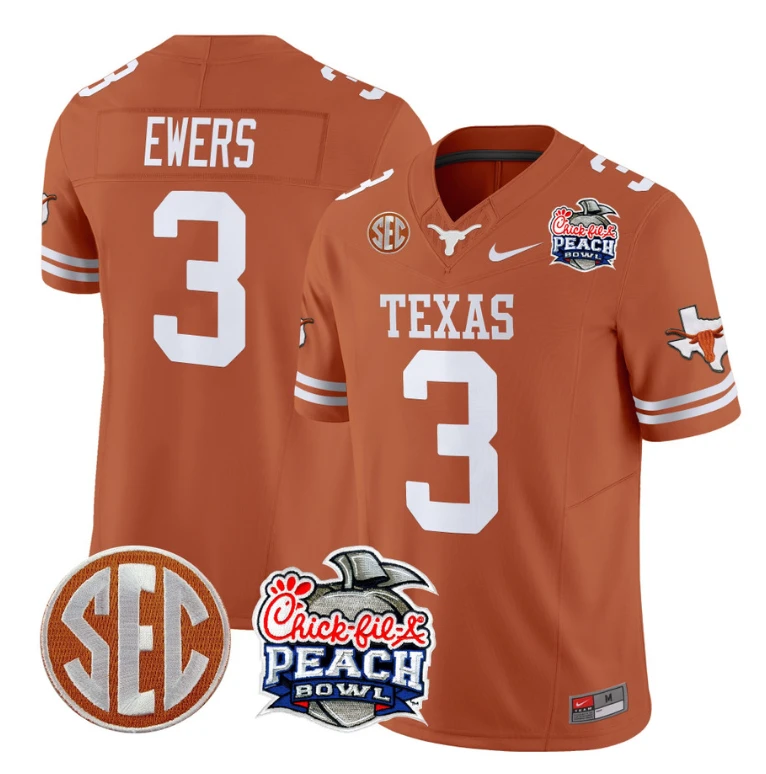 Quinn Ewers Jersey #3 Texas Longhorns Peach Bowl Patch Vapor Texas Orange by NCAA Football Jersey