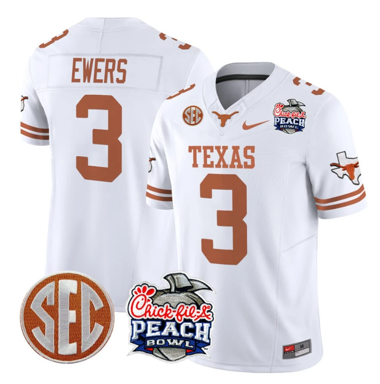 Quinn Ewers Jersey #3 Texas Longhorns Peach Bowl Patch Vapor White by NCAA Football Jersey