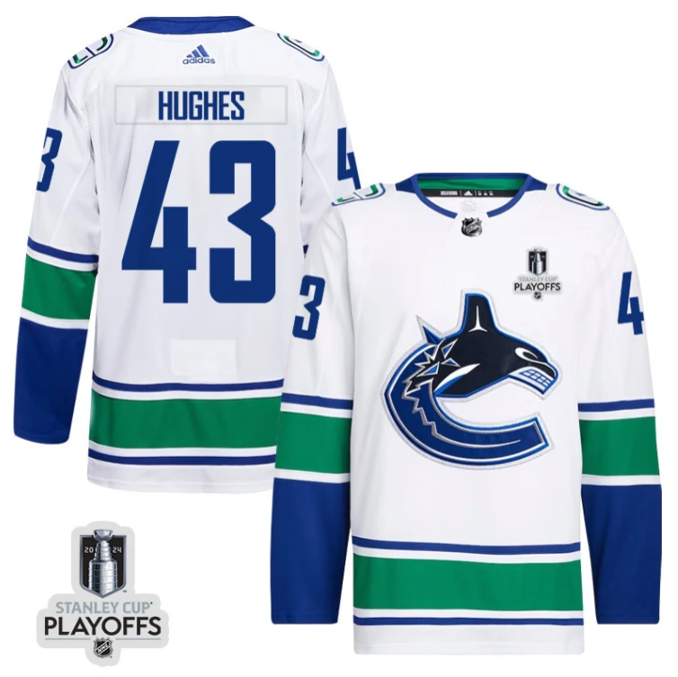 Quinn Hughes 43 Vancouver Canucks 2024 NHL Playoffs Patch Away Jersey - Men, White by Hockey David