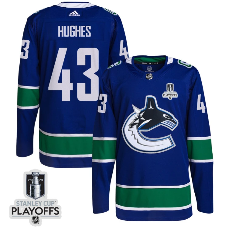 Quinn Hughes 43 Vancouver Canucks 2024 NHL Playoffs Patch Home Jersey - Men, Blue by Hockey David