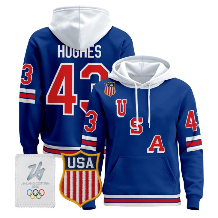 Quinn Hughes #43 USA Olympic 2026 Premium Hockey Pullover Hoodie Stitched Royal by Hoodie Pullover