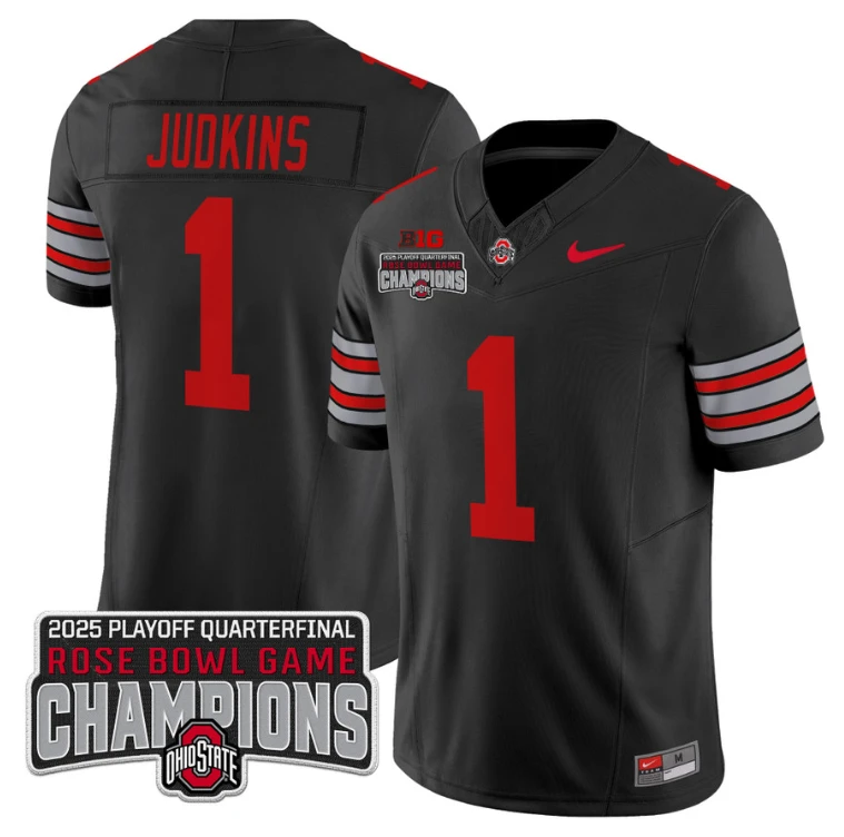 Quinshon Judkins Jersey #1 Ohio State 2025 Rose Bowl Champions Patch Black by NCAA Football Jersey
