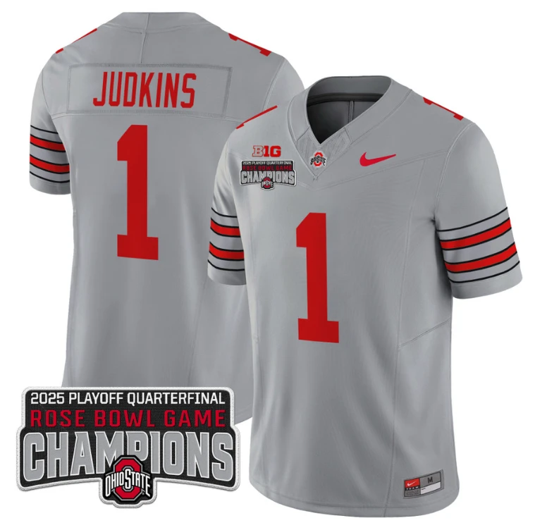 Quinshon Judkins Jersey #1 Ohio State 2025 Rose Bowl Champions Patch Gray by NCAA Football Jersey