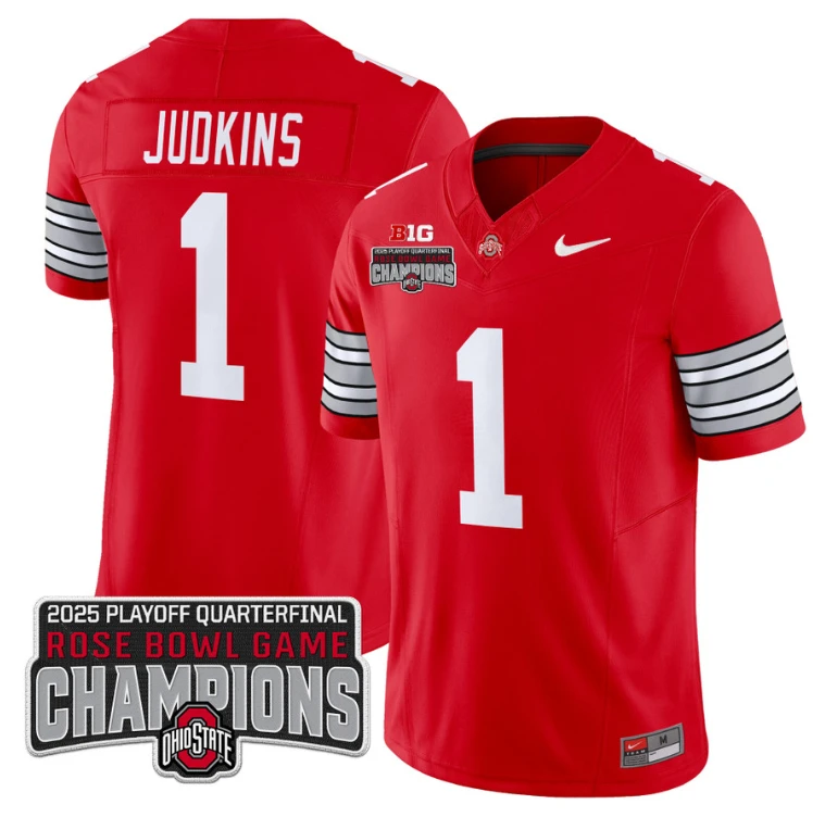 Quinshon Judkins Jersey #1 Ohio State 2025 Rose Bowl Champions Patch Red by NCAA Football Jersey
