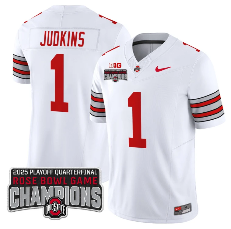 Quinshon Judkins Jersey #1 Ohio State 2025 Rose Bowl Champions Patch White by NCAA Football Jersey