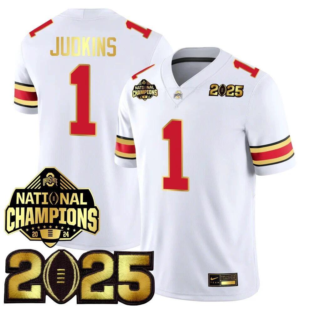 Quinshon Judkins Jersey #1 Ohio State National Championships 2024 White by NCAA Football Jersey