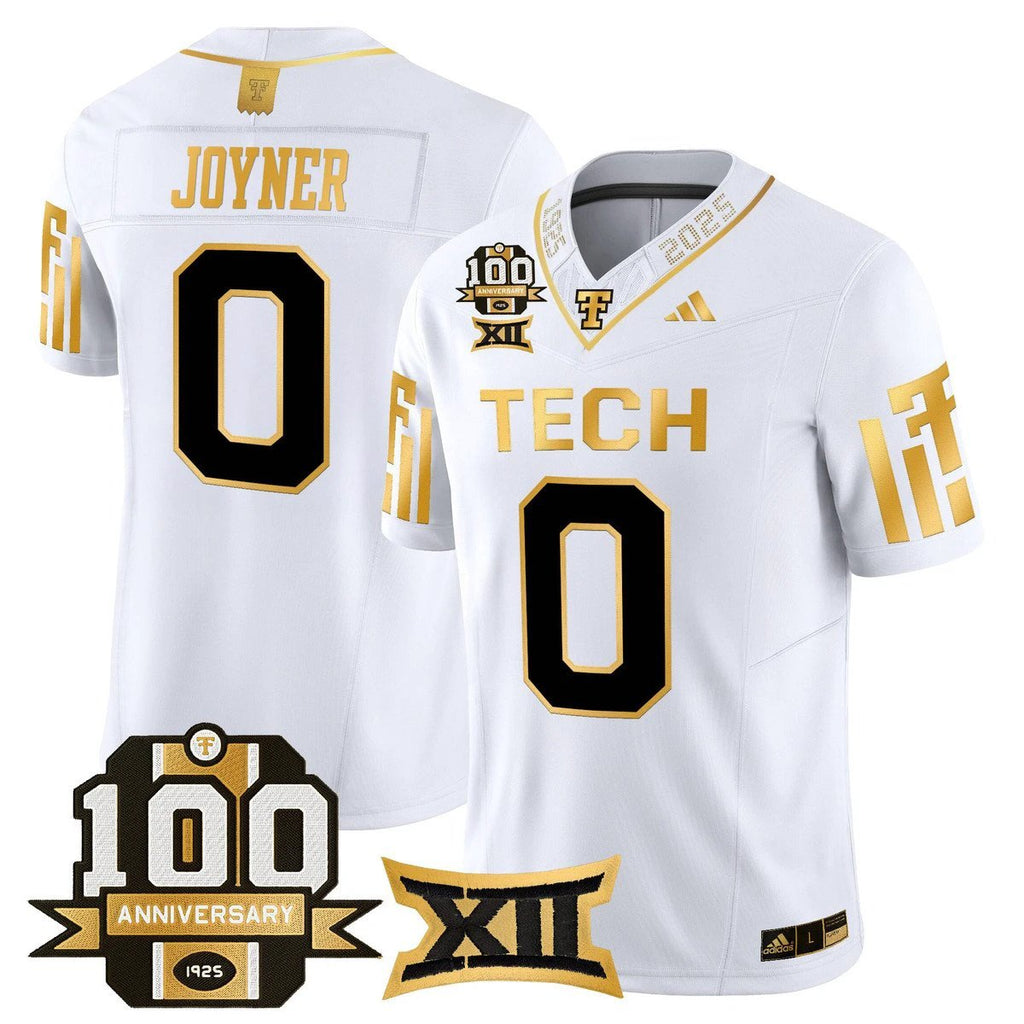 Quinten Joyner Jersey #0 Texas Tech 2025 100th Anniversary Stitched White Gold by My Store NCAA Football Jerseys