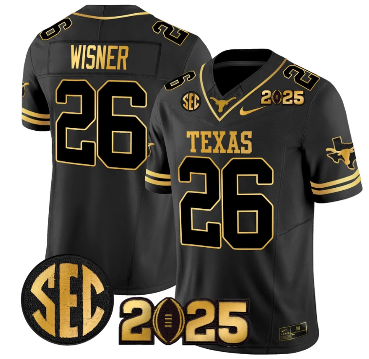 Quintrevion Wisner Jersey #26 Texas Longhorns 2025 CFP Final Patch Black Gold by NCAA Football Jersey