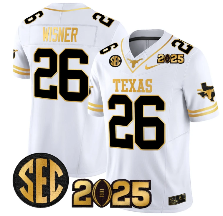 Quintrevion Wisner Jersey #26 Texas Longhorns 2025 CFP Final Patch White Gold by NCAA Football Jersey