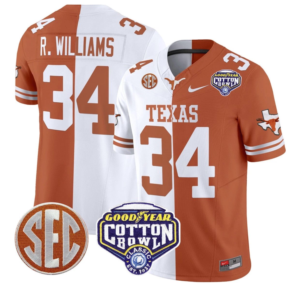 Ricky Williams Jersey #34 Texas Longhorns Cotton Bowl Patch Stitched Split by NCAA Football Jersey