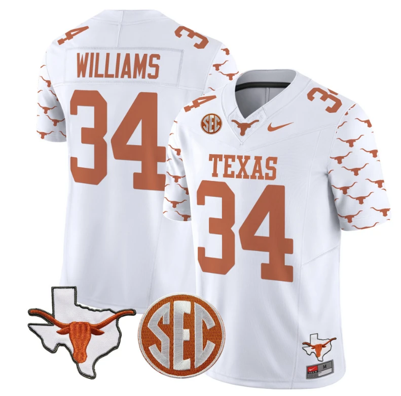 Ricky Williams Jersey #34 Texas Longhorns State Map and Sec Patch Vapor Limited College Football Stitched White by My Store