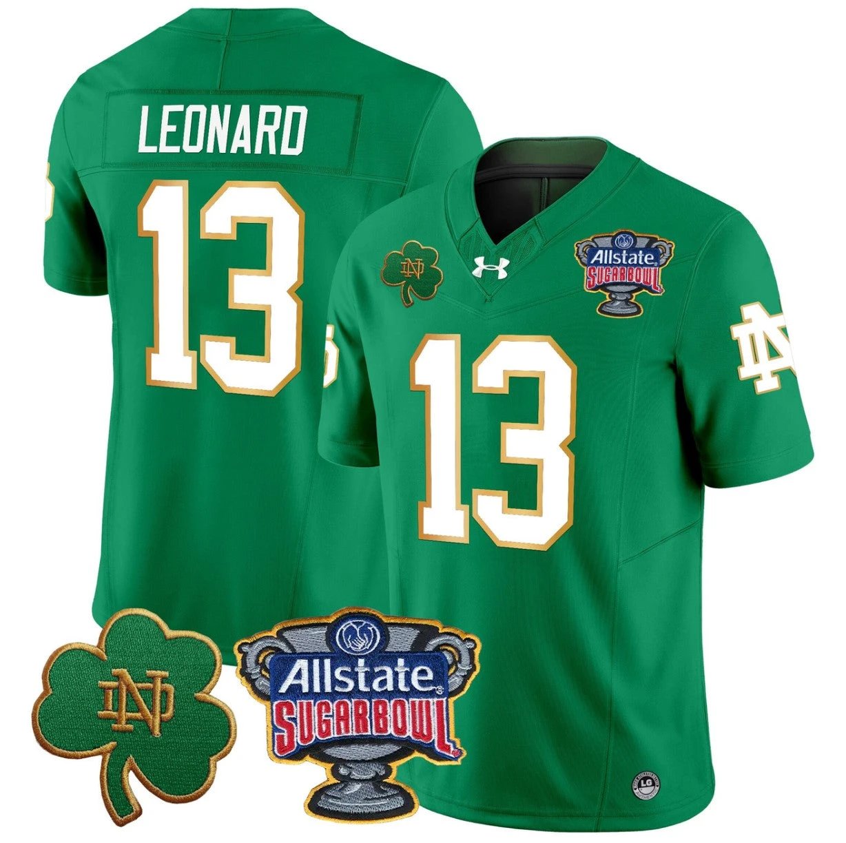 Riley Leonard Jersey #13 Notre Dame 2024 Sugar Bowl Patch V2 Stitched Green by NCAA Football Jersey