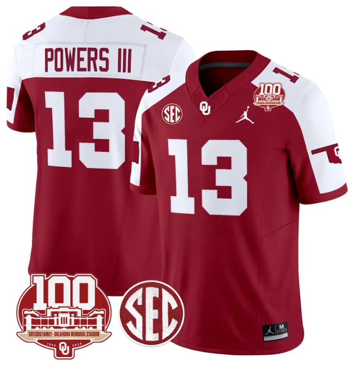 Reggie Powers III Jersey #13 Oklahoma Sooners 100th Anniversary Patch Vapor Limited College Football Stitched Crimson Alternate by My Store