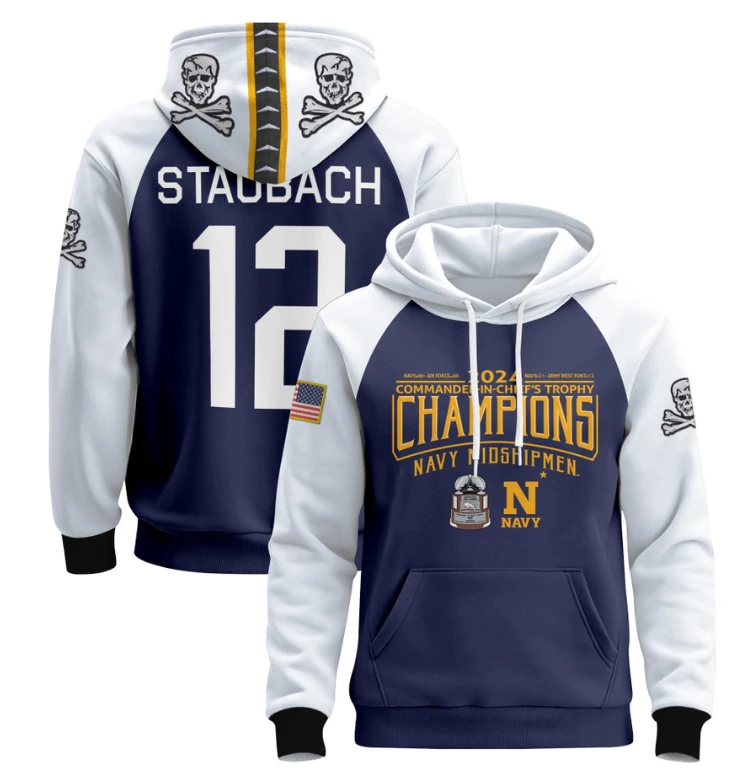 Roger Staubach Hoodie #12 Navy Midshipmen Champions Patch Pullover Gold White by Hoodie Pullover