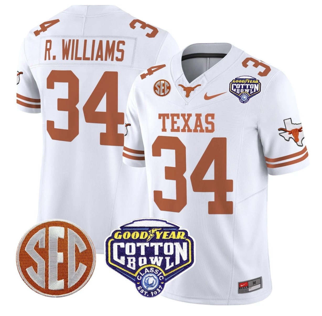 Ricky Williams Jersey #34 Texas Longhorns Cotton Bowl Patch Stitched White by NCAA Football Jersey