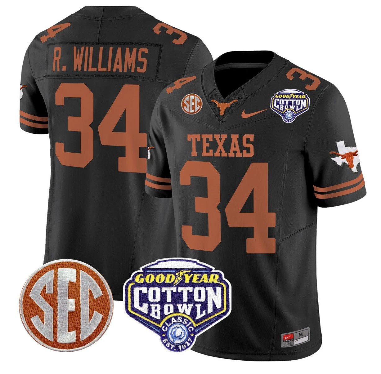Ricky Williams Jersey #34 Texas Longhorns Cotton Bowl Patch Stitched Black by NCAA Football Jersey
